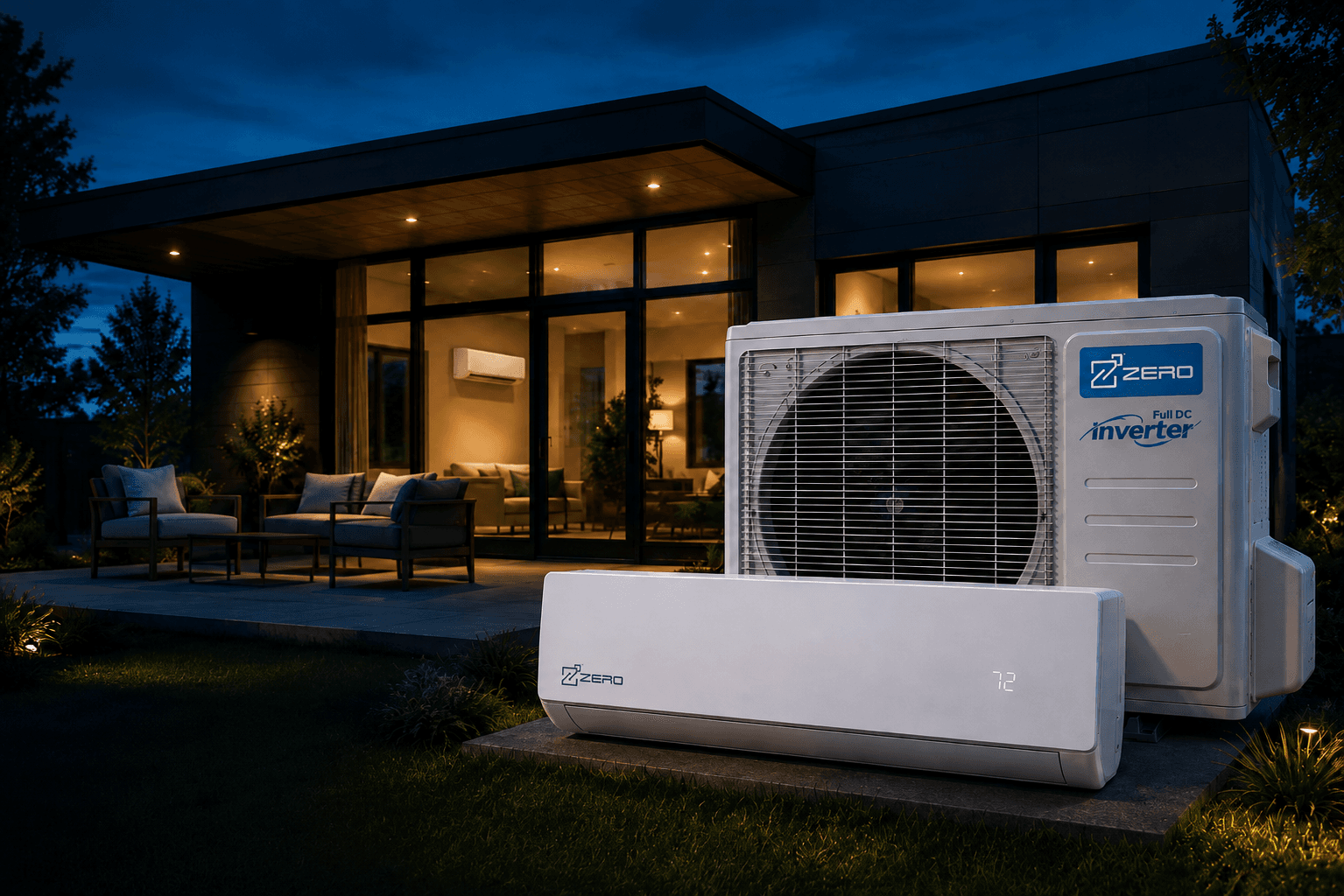 Zero-branded heat pump and indoor wall-mounted HVAC unit outside a contemporary home at dusk.